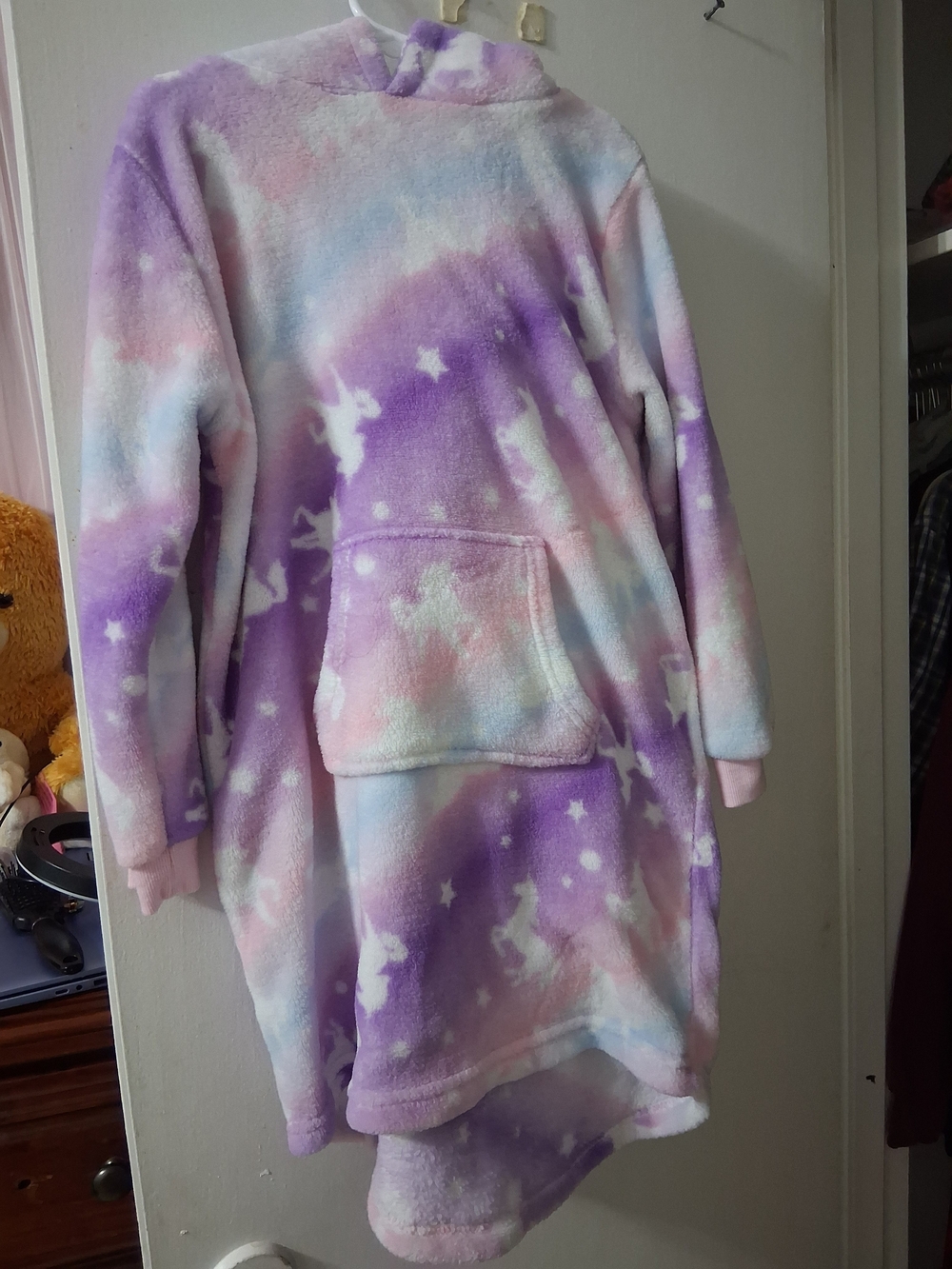 Kids Plush Unicorn Hooded Nightdress - Pastel Purple & Pink
